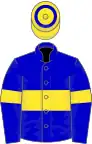 Blue, yellow hoop on body and sleeves, yellow cap with blue hoop