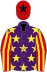 Purple, yellow stars, red and yellow striped sleeves, red cap, black star