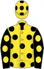 Yellow, black spots, black sleeves, yellow spots