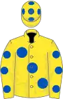 Yellow, large royal blue spots, royal blue spots on sleeves, yellow cap, royal blue spots