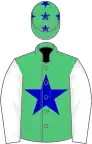 Emerald green, blue star, white sleeves, green cap, blue stars