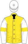 Yellow, white sleeves, yellow armlets, white cap