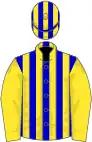Blue and yellow stripes, yellow sleeves, striped cap