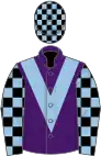 Purple, light blue chevron, black and light blue check sleeves and cap