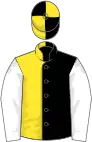 Black and yellow halved, quartered cap, white sleeves