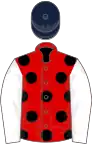 Red, black spots, white sleeves, dark blue cap