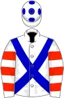 White, blue cross-belts, scarlet hooped sleeves, white cap, blue spots