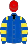 Royal Blue, Yellow epaulets, hooped sleeves, Red cap