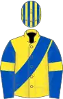 Yellow, royal blue sash, royal blue sleeves, yellow armlets, striped cap