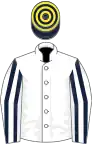 White, dark blue striped sleeves, dark blue and yellow hooped cap