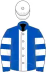 Royal blue, white stripe, hooped sleeves, white cap