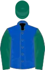 Royal blue, dark green sleeves and cap