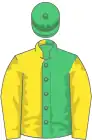 Emerald green and yellow (halved), yellow sleeves, emerald green cap