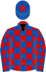 Red and royal blue check, royal blue sleeves, red diamonds, royal blue cap, red star