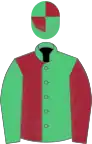 Emerald green and maroon (halved), sleeves reversed, emerald green and maroon quartered cap