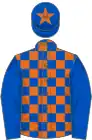 Royal blue and orange check, royal blue sleeves, royal blue cap, orange star