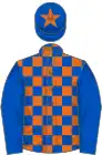 royal blue and orange check, royal blue sleeves, royal blue cap, orange star