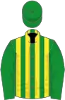 Green, yellow stripes, green sleeves and cap