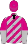 Cerise and silver diagonal stripes, halved sleeves, cerise cap