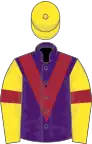 Purple, maroon chevron, yellow sleeves, maroon armlets, yellow cap