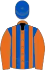 Orange and royal blue stripes, orange sleeves, royal blue cap