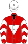 Red, white inverted triangle, chevrons on sleeves, white cap