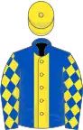 Royal blue, yellow stripe, diamonds on sleeves, yellow cap