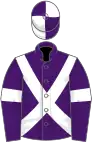 Purple, white cross belts and armlets, quartered cap