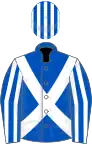 Royal blue, white cross sashes, striped sleeves and cap