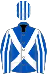 Royal blue, white cross belts, striped sleeves and cap