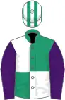 Emerald green and white (quartered), purple sleeves, emerald green and white striped cap