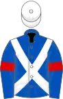 Royal blue, white cross belts, royal blue sleeves, red armlets, white cap