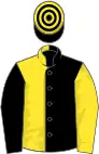 Black and yellow (halved), sleeves reversed, hooped cap