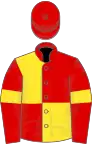 Red and yellow (quartered), red sleeves, yellow armlets, red cap