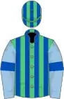 Emerald green and royal blue stripes, light blue sleeves, royal blue armlets