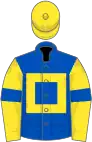 Royal blue, yellow hollow box, yellow sleeves, royal blue armlets, yellow cap