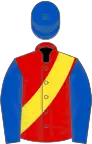 Red, yellow sash, royal blue sleeves and cap