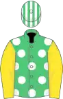 Emerald green, white spots, yellow sleeves, emerald green and white striped cap