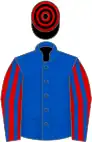 Royal blue, red and royal blue striped sleeves, black and red hooped cap