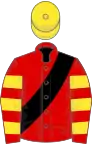 Red, black sash, red and yellow hooped sleeves, yellow cap