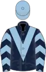 Dark blue, light blue chevron, chevrons on sleeves, light blue cap