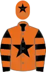 Orange, black star , black and orange hooped sleeves, orange cap, black star