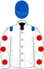 White, royal blue epaulettes, white sleeves, red spots, royal blue cap