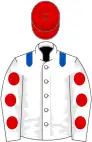 White, royal blue epaulets, white sleeves, red spots, red cap