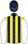 Dark blue and yellow stripes, white sleeves, dark blue cap