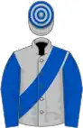 Silver grey, royal blue sash and sleeves, hooped cap