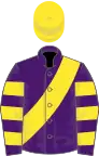 Purple, yellow sash, hooped sleeves, yellow cap