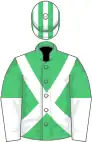 Emerald green, white cross belts, halved sleeves, emerald green and white striped cap