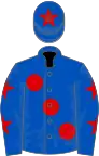 Royal blue, large red spots, royal blue sleeves, red stars, royal blue cap, red star