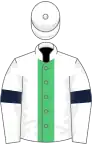 White, emerald green stripe, white sleeves, dark blue armlets